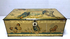 VINTAGE TIN BOX ARTSTYLE CHOCOLATE COMPANY HINGED LID w BUTTERFLIES & SWANS picture