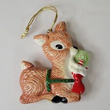 Vintage Hallmark 1985 Deer Reindeer w Stocking Ceramic Christmas Ornament picture