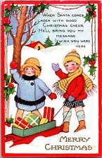 Whitney Christmas Postcard Vintage Cute Children Wave Pull Red Sled Gift Poem picture
