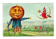 c1908 Halloween Postcard Scarecrow Pumkin, Half Moon, Witch on A Broom picture