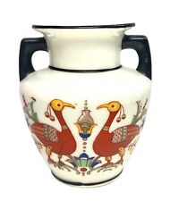 Vintage Bohemian Czech Mini Double Handle Ceramic Vase Decorative Bird 4.25