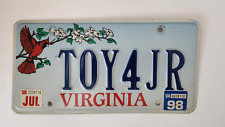 1998 Virginia License Plate TOY 4 JR picture
