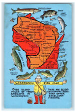 c1950's Fishes, Adventurer with Fishing Equipment, Wisconsin Fish Map Postcard picture