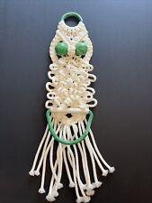 Vintage 1970s Boho Macrame Owl Hanging Towel Holder MCM Green Plastic White 24
