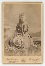 Antique c1880s Cabinet Card Adorable Girl Holding Hat With Flowers Beloit, WI picture