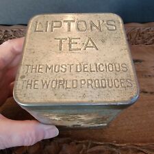 Vintage Lipton's Tea Tin Ceylon Metal Container Silver Colored Cottage Core Farm picture