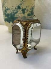 Vintage Antique French Beveled Glass Souvenir Casket Box Jewerly Brass Footed picture