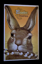 CUTE~BIG BROWN BUNNY RABBIT w/ PUSSY WILLOW~FLOWERS~ANTIQUE EASTER POSTCARD~h142 picture