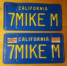 1970s CALIFORNIA BLUE VANITY LICENSE PLATE MATCHING PAIR 7MIKEM MICKEY MANTLE? picture
