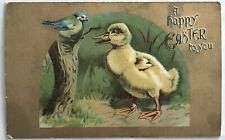 Charming Antique Easter Postcard Duckling & Blue Bird Gold Foil picture