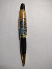 Handmade Hand Turned Maple Burl And Blue Epoxy Gold Trim Twist Pen picture