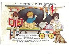 c1910 Merry Christmas Cute Little Kids Stockings Carriage Doll Dog Postcard picture