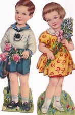 Vintage Antique Die Cut Scrap Lot -Boy & Girl w Flowers 4.75 inches picture