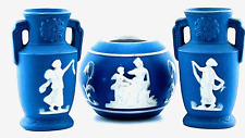 Lot Of 3 Vintage Occupied Japan Wedgwood Blue Jasperware  Miniature Vases Urns picture