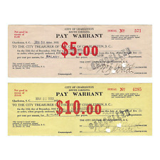1930's Great Depression Pay Warrants Charleston, SC Set of Two $5 and $10 picture
