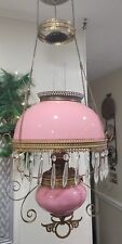 ANTIQUE VICTORIAN B&H HANGING PARLOR OIL LAMP W/ PRISMS PINK OPALINE SHADE& FONT picture