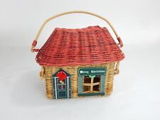 Vintage Wicker Woven Christmas House Shaped Basket Hinged picture