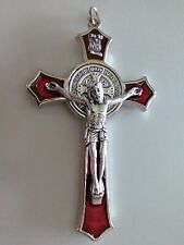 Catholic Large St Benedict Red Enamel Silver Tone Crucifix 3+