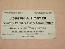 VINTAGE BUSINESS CARD JOSEPH A FOSTER PHILADELPHIA PLUMBER STEAM FITTER picture