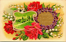 Postcard Birthday  Greetings Red Roses Scenic Gold Embossed  P.U. 1909  (A508) picture