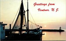 Greetings From Ventnor NJ New Jersey Boat Sunset Postcard Tichnor VTG UNP picture