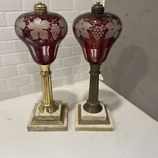 Vintage Antique Pair (2) Etched Cranberry Glass Kerosene Lamps 15”  picture