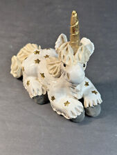 Vintage White Unicorn Gold Stars Resting Ceramic Figurine Signed 4.25