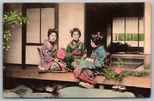 Hand Colored Japanese Women On Porch In Traditional Dress Old Japan Postcard H9 picture
