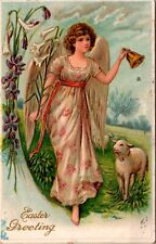 Easter Postcard Lamb Walking with Angel Ringing Gold Bell Carrying Lily Flower picture