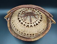 Vintage Handmade Chinese Woven Lidded Double Handle Wicker Bamboo Basket picture