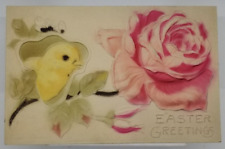 Embossed Easter Greetings Yellow Chick Pink Rose Postcard picture