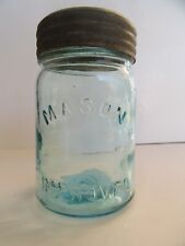 Antique 19th Century Mason's Improved Aqua Pint Jar w/ Lid, Stamped F picture