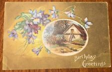Birthday Greetings, Embossed Flowers Around Oval House Print Gold Foil Postcard picture