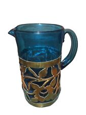Mid Century  Caged Blue Art Glass & Brass Pitcher picture