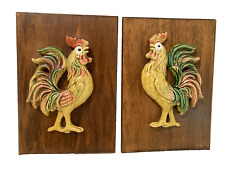 Pair Dimensional Ceramic Roosters Wood Wall Plaques Enesco MCM 6.75x9.75 Vintage picture