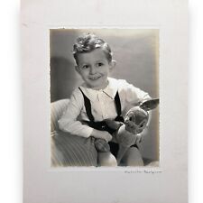 Vintage 1940s Photo  Boy in Suspenders Holding Stuffed Animal Toy Plush picture