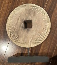 Modern Asian Archaic Style Carved Wood Disc on Stand 12x14” picture