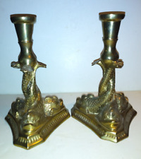 Pair Of Mottahedeh Brass Dolphins Sea Dragon Candlesticks Large 6 1/2