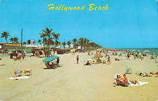 Hollywood Florida, White Sand Beach Sunbathers Umbrellas Palms, Vintage Postcard picture