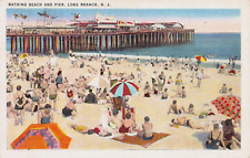 Bathing Beach and Pier, Long Branch, New Jersey, 1936 Linen Postcard, Used picture