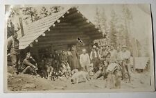 c. 1910 lg Group of People by LOG CABIN w DOG Mountain Trees vtg Photo picture