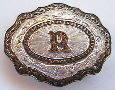 Vintage Crumrine USA Heavy Silver On Bronze Western Belt Buckle Initial 'R' VGC picture