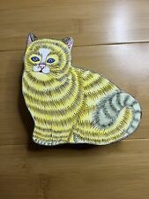 Vtg Hand-Painted Enamel Orange Tabby Cat/Blue Floral Trinket Box Jewelry Box picture