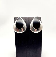 Vintage Modernist MCM Sterling Silver Black Onyx Inlay Post Earrings - 8.0g picture