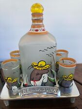 Vtg Hand Painted Tequila Bottle & 4 Shot Glasses in a HERRADURA TEQUILA TRAY picture