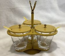 VTG 70'S MID CENTURY GLASS CONDIMENT YELLOW GOLD SET IN ROTATING METAL CADDY picture
