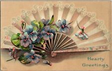 Vintage Postcard Hearty Greetings Fan Flowers Embossed Antique  c1900s picture