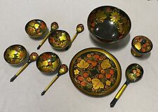 Vintage 1970s Russian USSR Hand Painted Lacquerware Lacquer Bowls,Platter,Spoons picture
