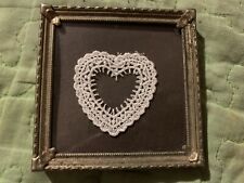 Vintage Crochet Heart In Miniature Gold Metal Frame picture