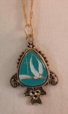 Unique Teal Blue-Green Finish Holy Spirit Dove Cross Goldtone Medal Necklace picture